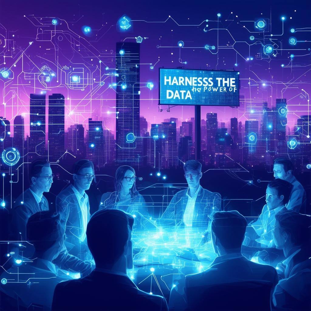 The image depicts a futuristic digital landscape, with a sprawling network of glowing data streams flowing through a sleek, hightech city