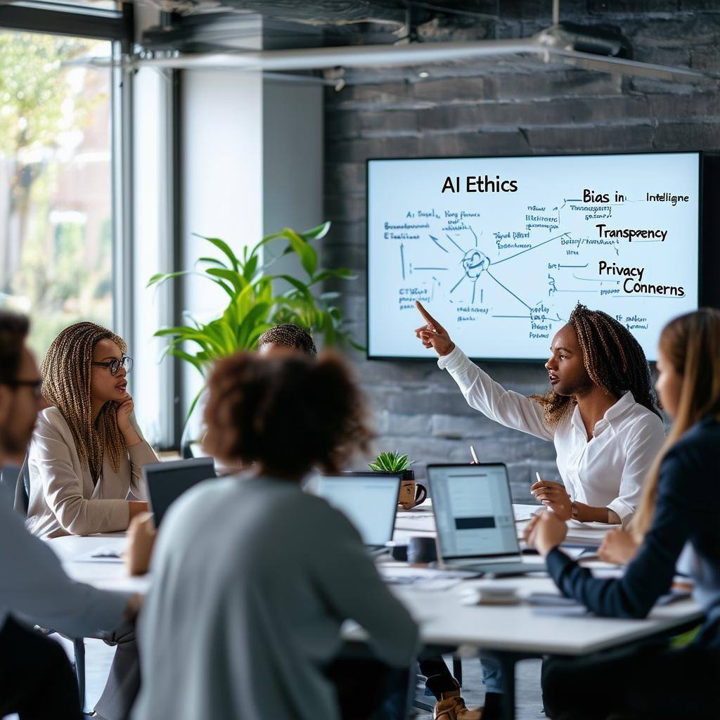 The image depicts a modern office environment where a diverse group of small business professionals are engaged in a collaborative discussion about ar