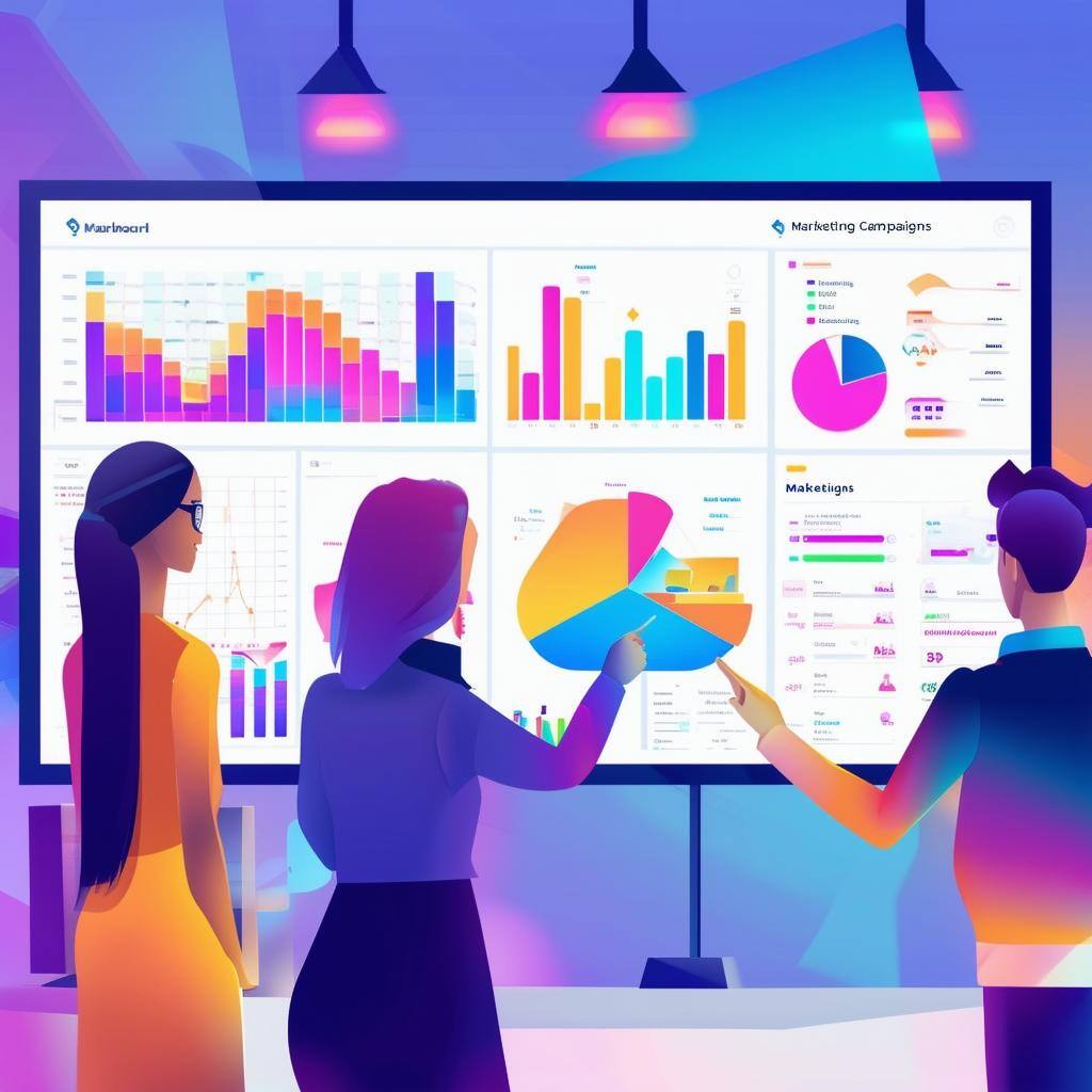 The image depicts a modern office environment with a large screen displaying a dynamic dashboard filled with colorful graphs, charts, and data analyti