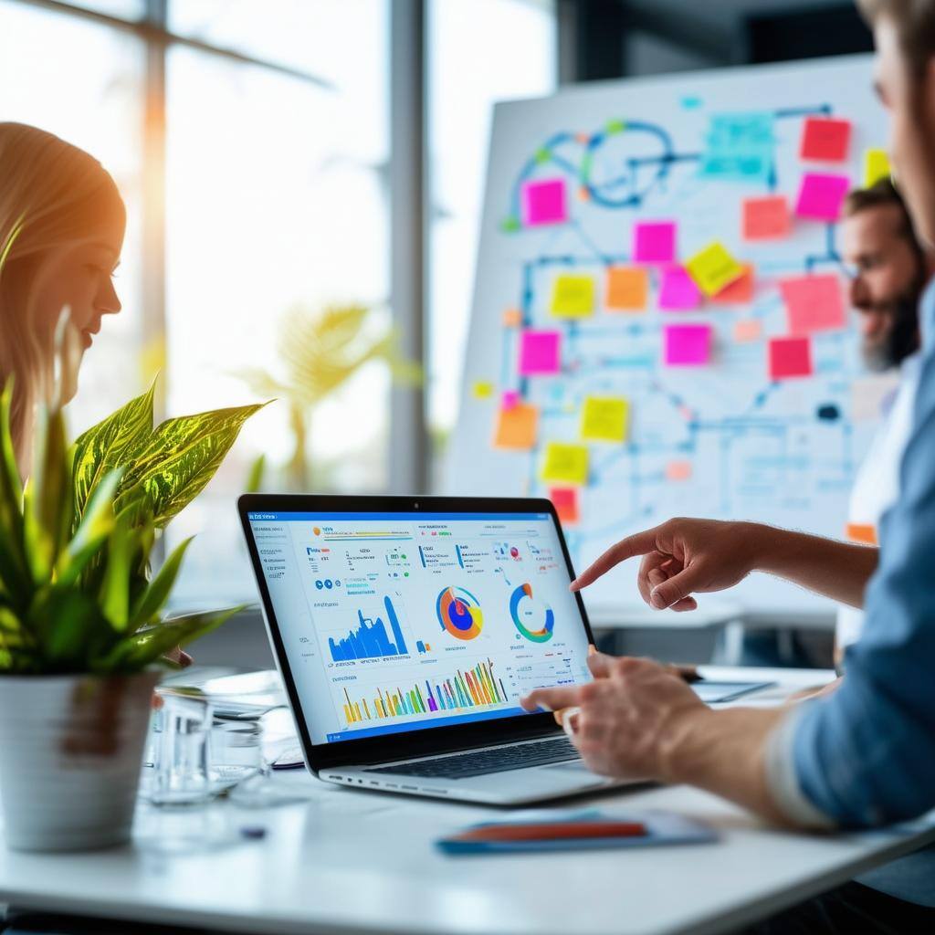 The image depicts a modern office space filled with natural light, featuring a sleek desk with a laptop displaying a vibrant dashboard of AI analytics-1