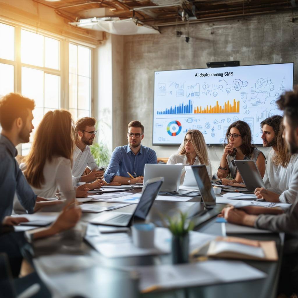 The image features a vibrant office environment filled with small and mediumsized business professionals engaged in a collaborative meeting